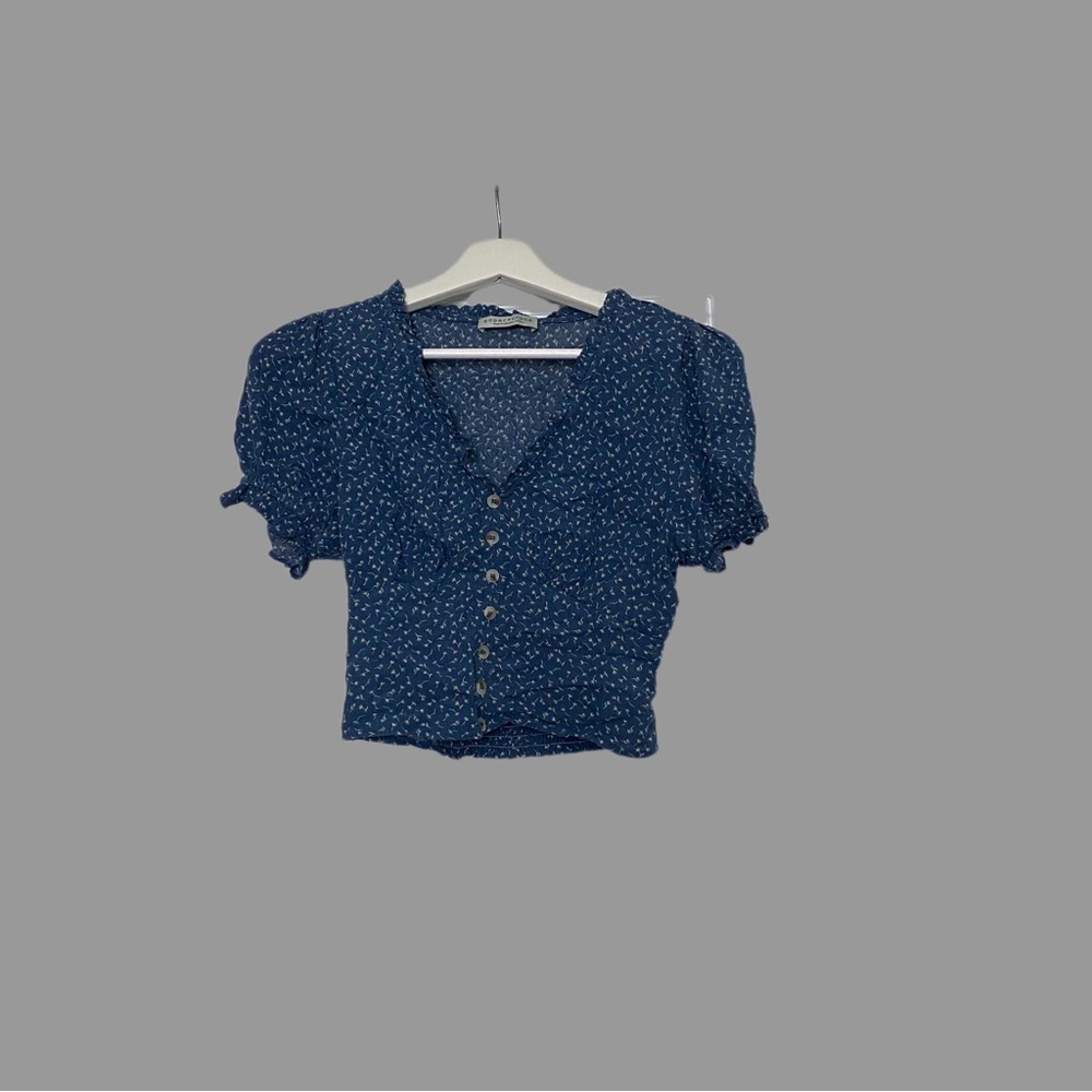❤️XS❤️ Blue Floral Faux Button-Up Women's Crop Top Smocked Print Balloon Sleeve